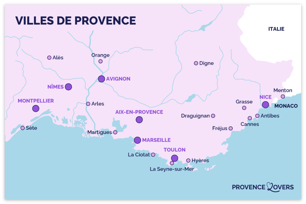 Carte des villes de Provence avec fleuves