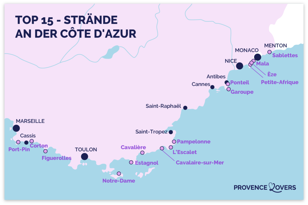 Karte der besten Strände an der Côte d'Azur