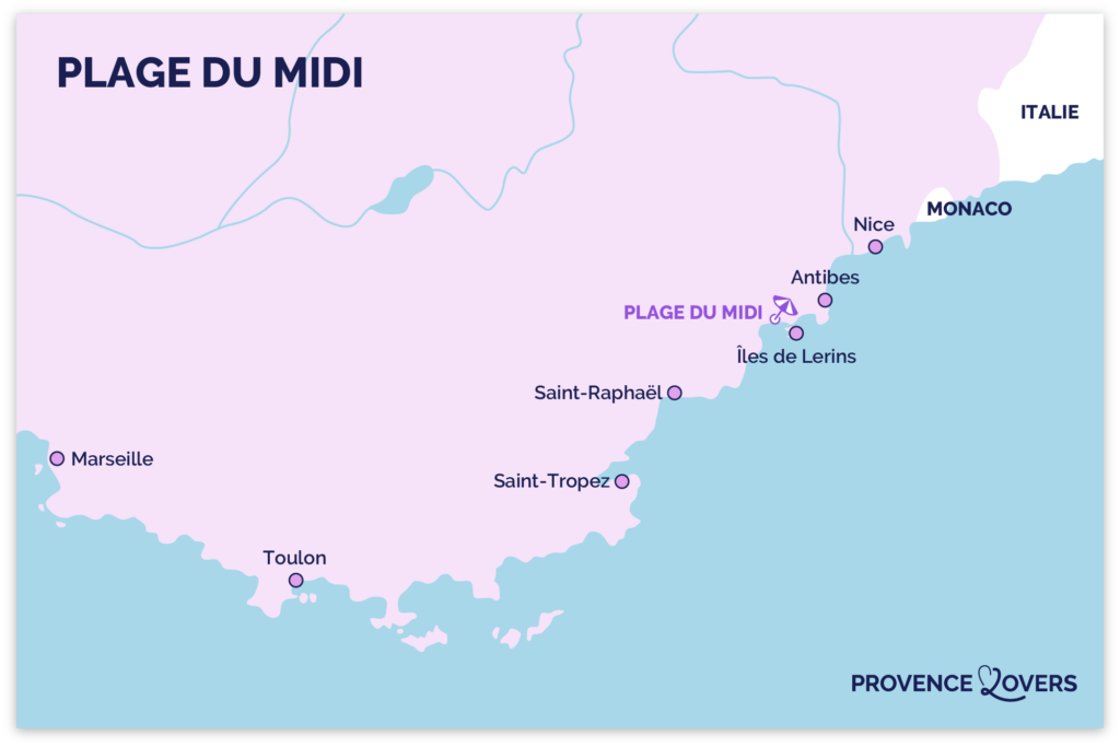 Notre carte de la Plage du Midi à Cannes.