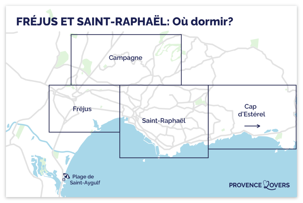 Carte des meilleurs quartiers et zones où dormir à Fréjus et Saint-Raphaël.
