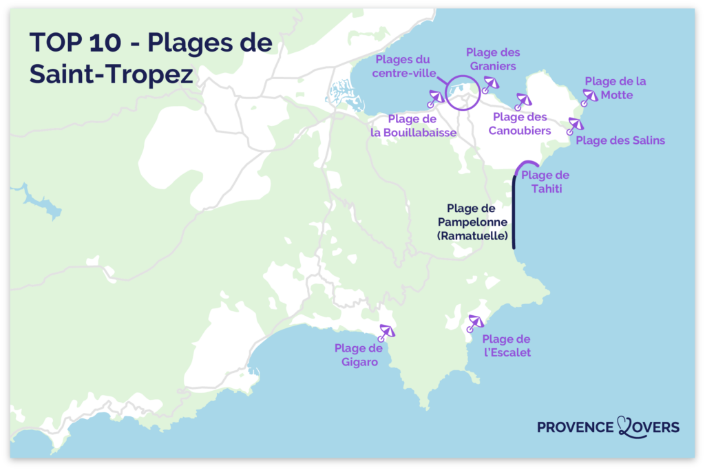 Carte des plus belles plages de Saint-Tropez.