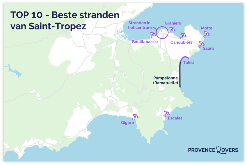 Kaart van de beste stranden in Saint-Tropez.