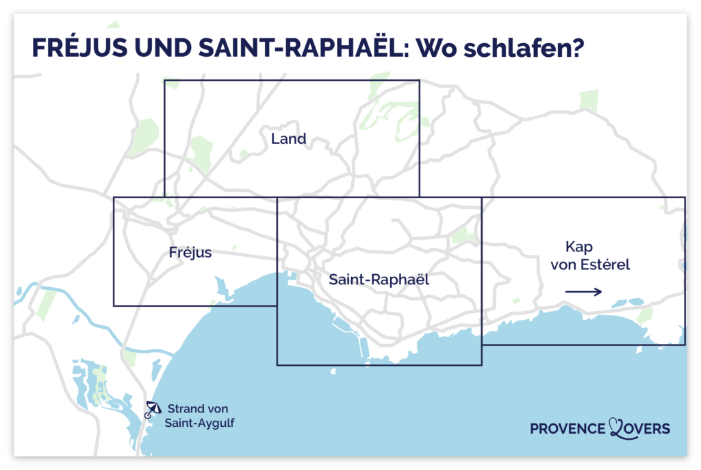 Karte mit den besten Vierteln und Gegenden zum Übernachten in Fréjus und Saint-Raphaël.