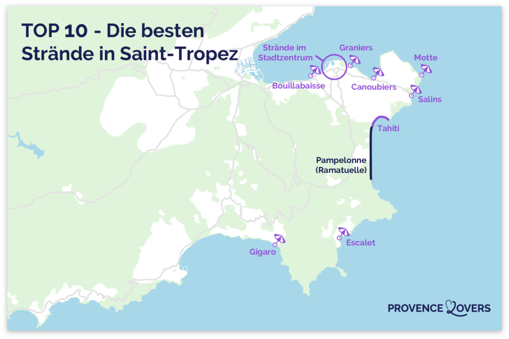 Karte der schönsten Strände von Saint-Tropez.