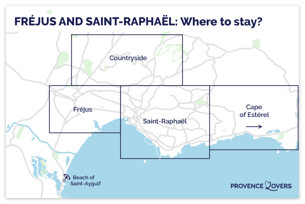 Map of the best areas to stay in Fréjus and Saint-Raphaël.