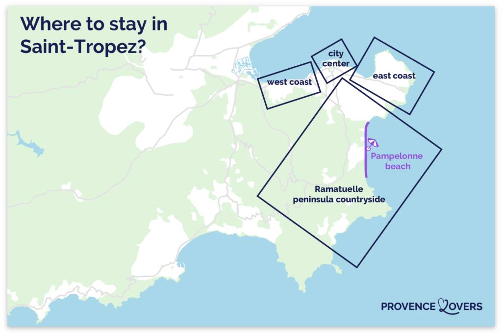 Map of the best areas to stay in Saint-Tropez.