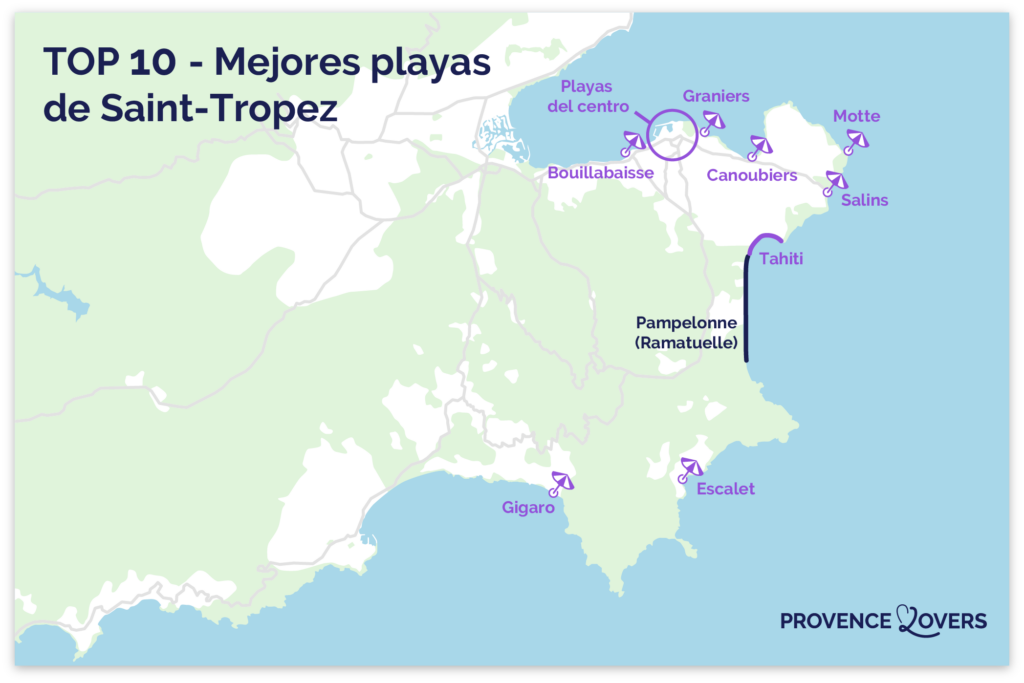 Mapa de las mejores playas de Saint-Tropez.