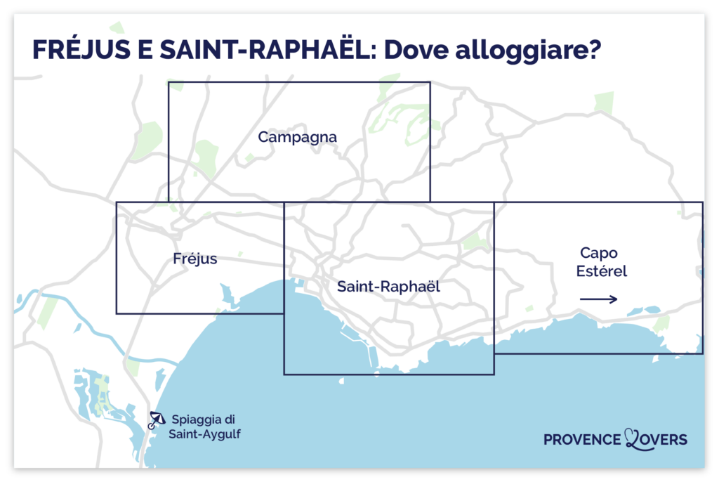 Mappa delle migliori aree in cui soggiornare a Fréjus e Saint-Raphaël.
