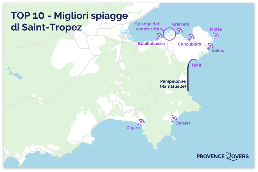 Mappa delle migliori spiagge di Saint-Tropez.