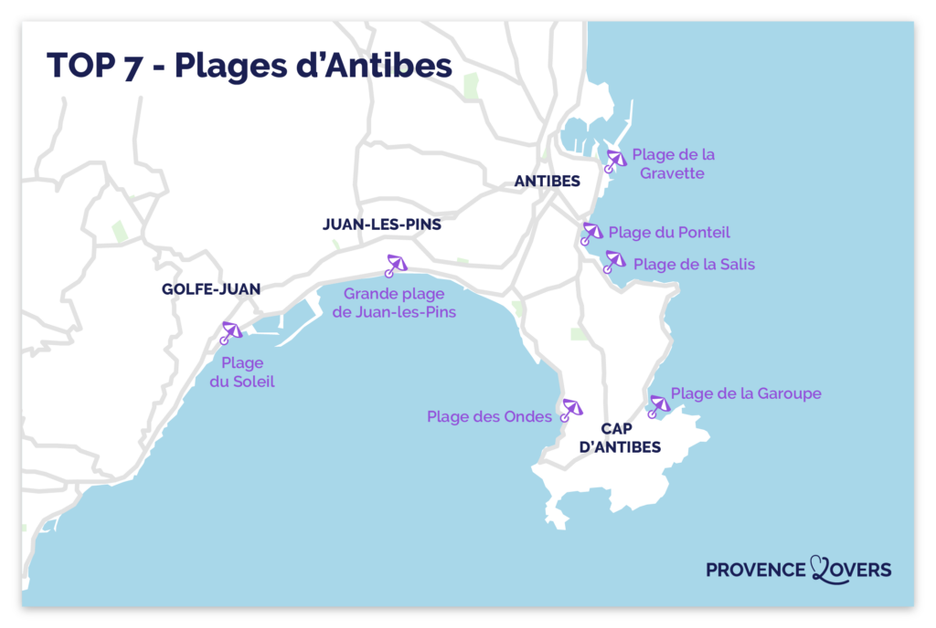Carte des plus belles plages d'Antibes.