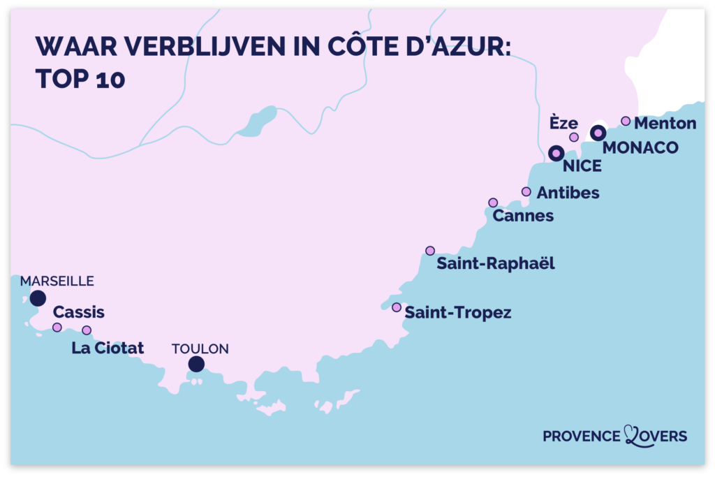 kaart van de beste verblijfplaatsen aan de côte azur