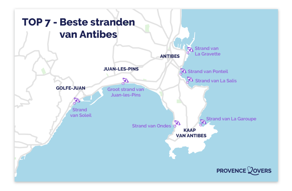 Kaart van de beste stranden in Antibes.