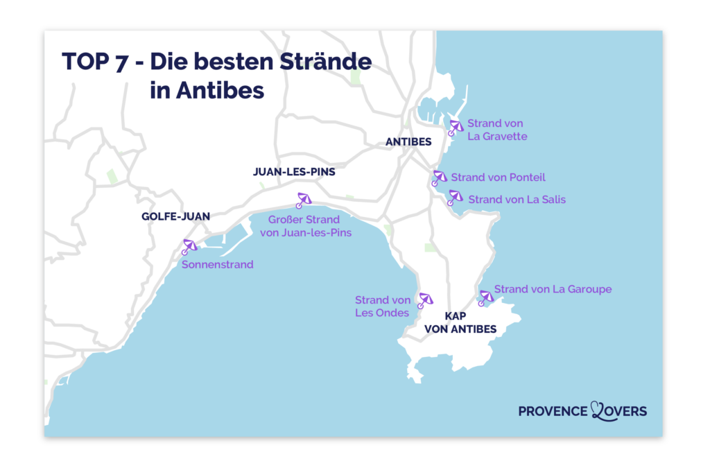 Karte der schönsten Strände von Antibes.