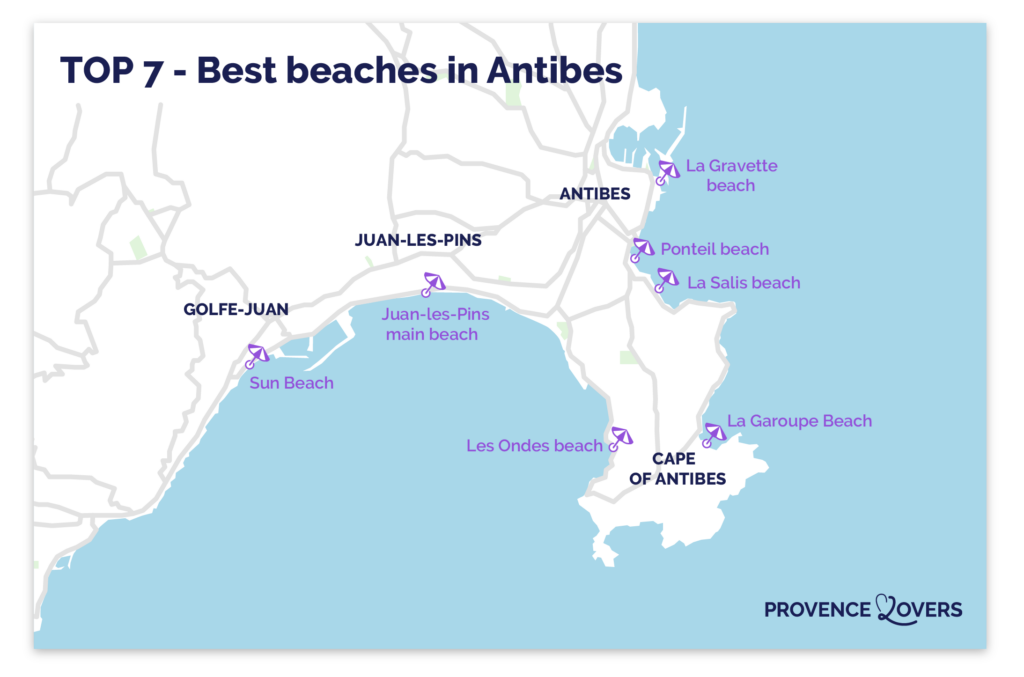 Map of Antibes' most beautiful beaches.