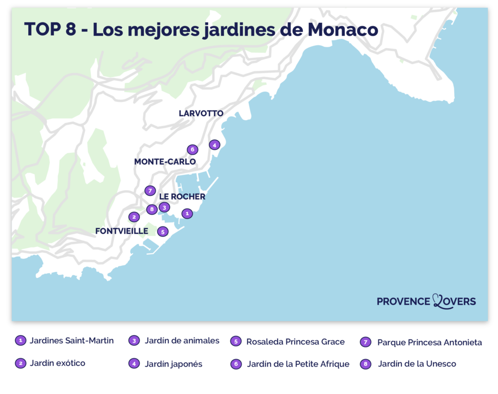 Mapa de los jardines más bellos de Mónaco.