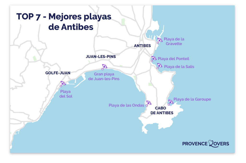 Mapa de las mejores playas de Antibes.
