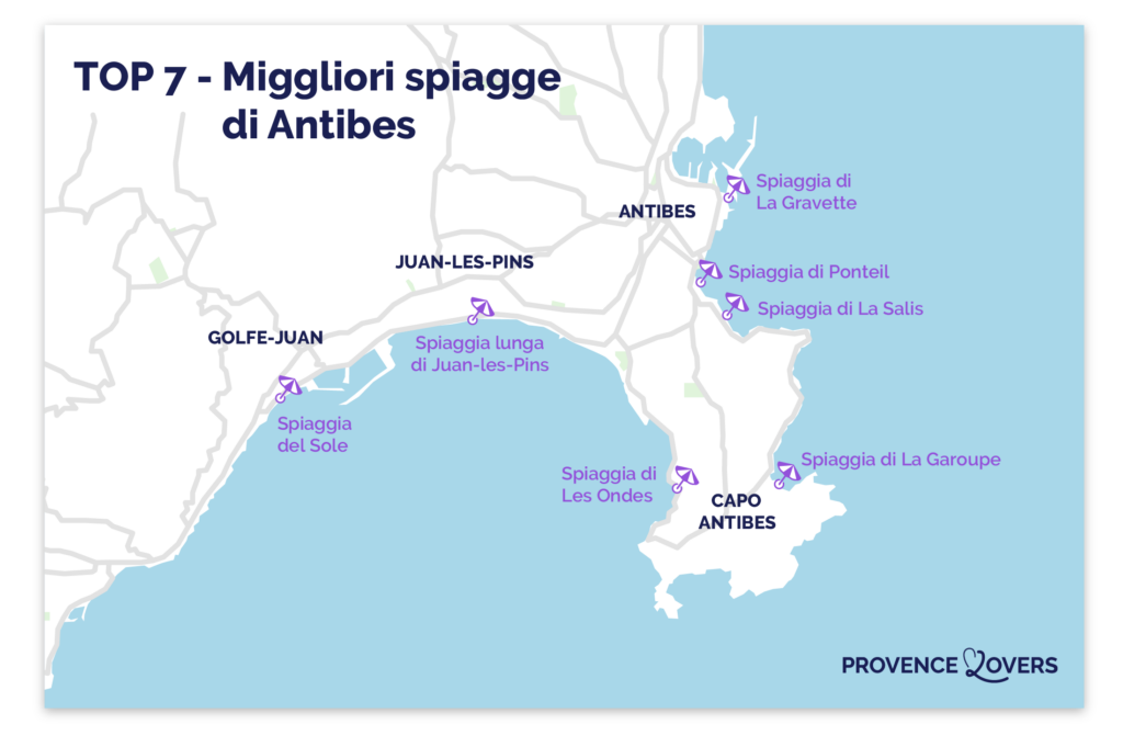 Mappa delle migliori spiagge di Antibes.