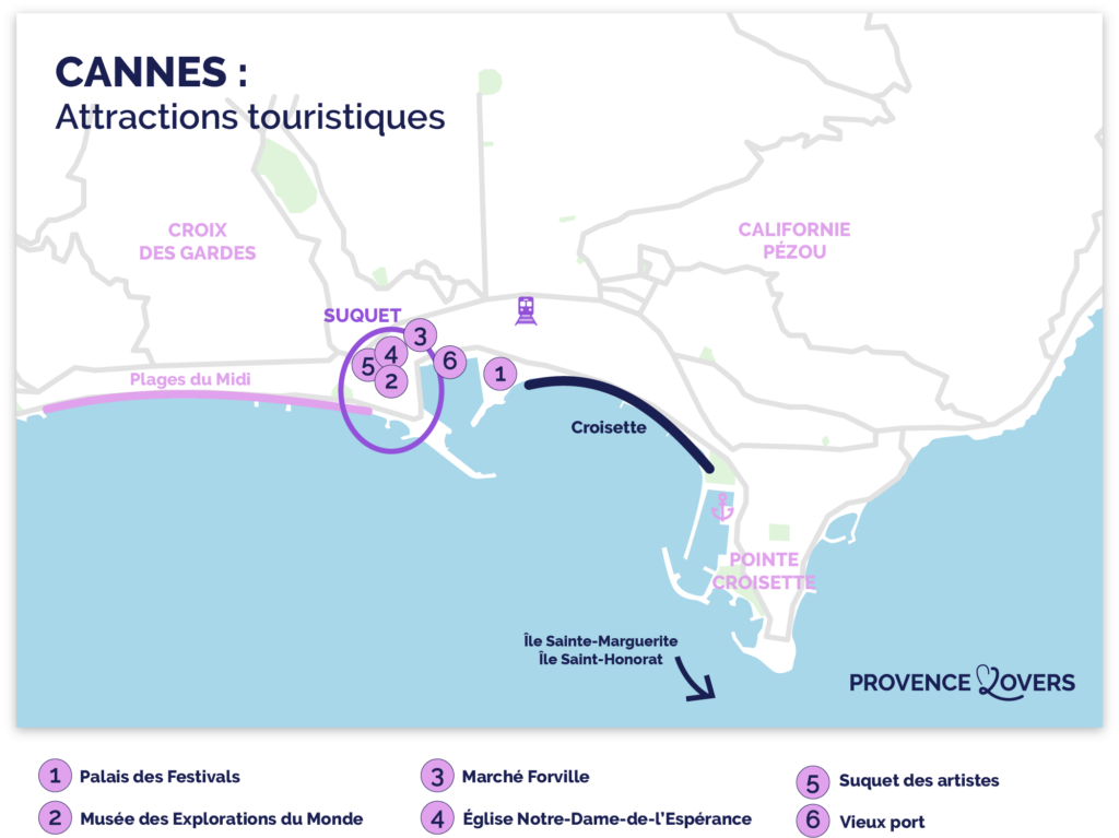 Carte des meilleures attractions touristiques à faire à Cannes.