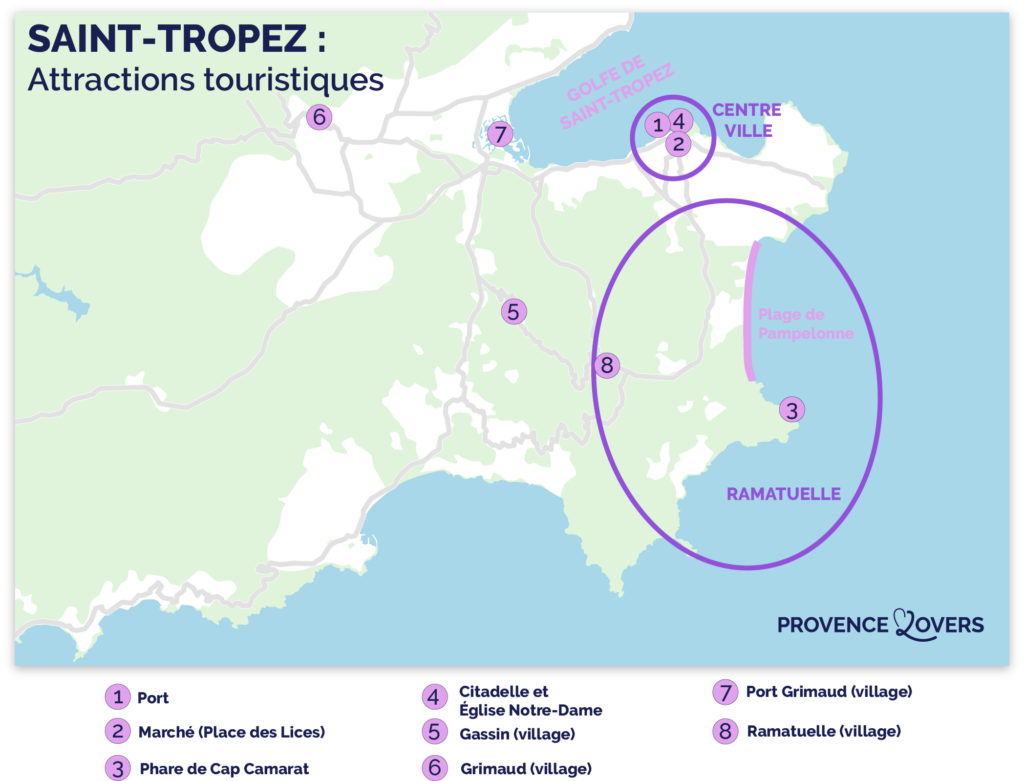 La carte des principales attractions à faire à Saint-Tropez.