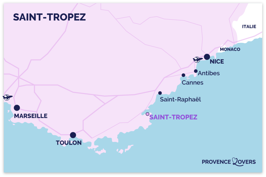 kaart: ligging van Saint-Tropez aan de Côte d'Azur