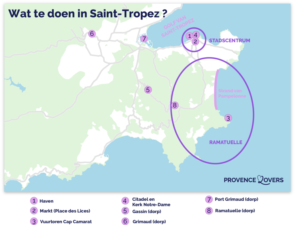 Een kaart met de belangrijkste dingen om te doen in Saint-Tropez.