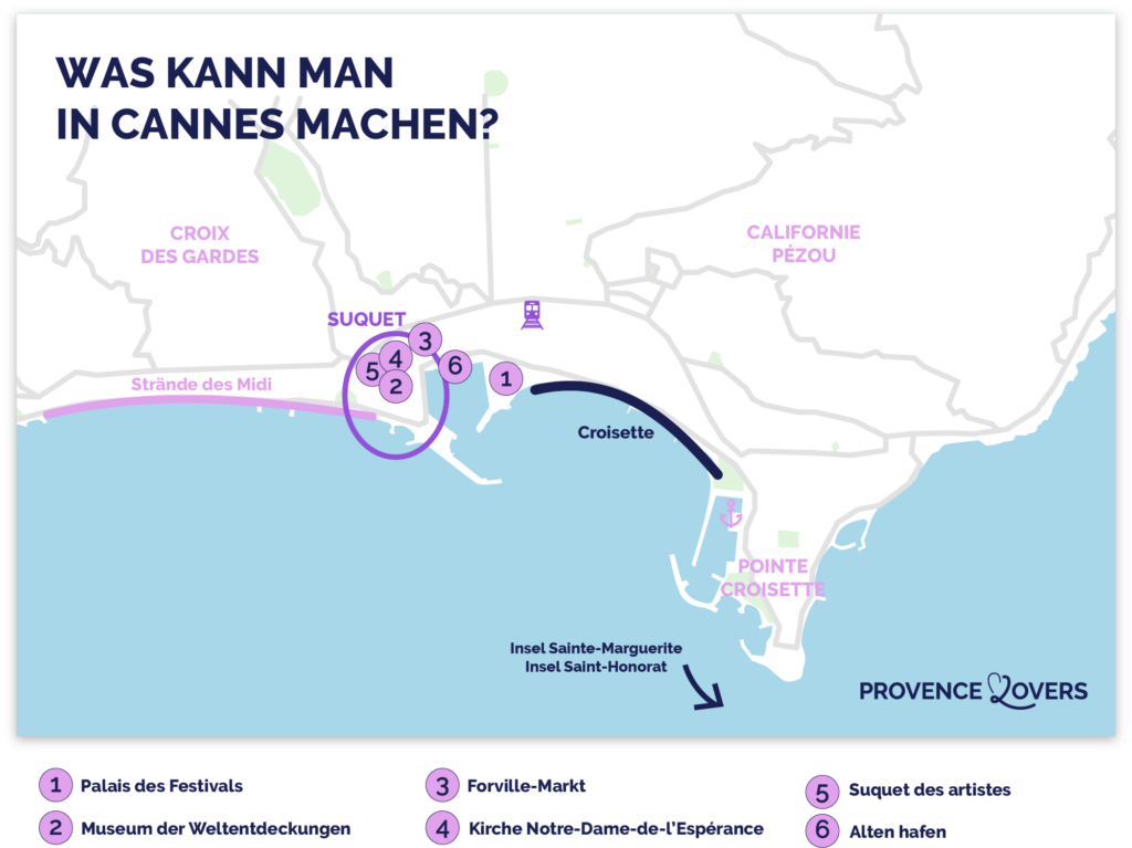 Karte mit den besten Touristenattraktionen, die Sie in Cannes erleben können.