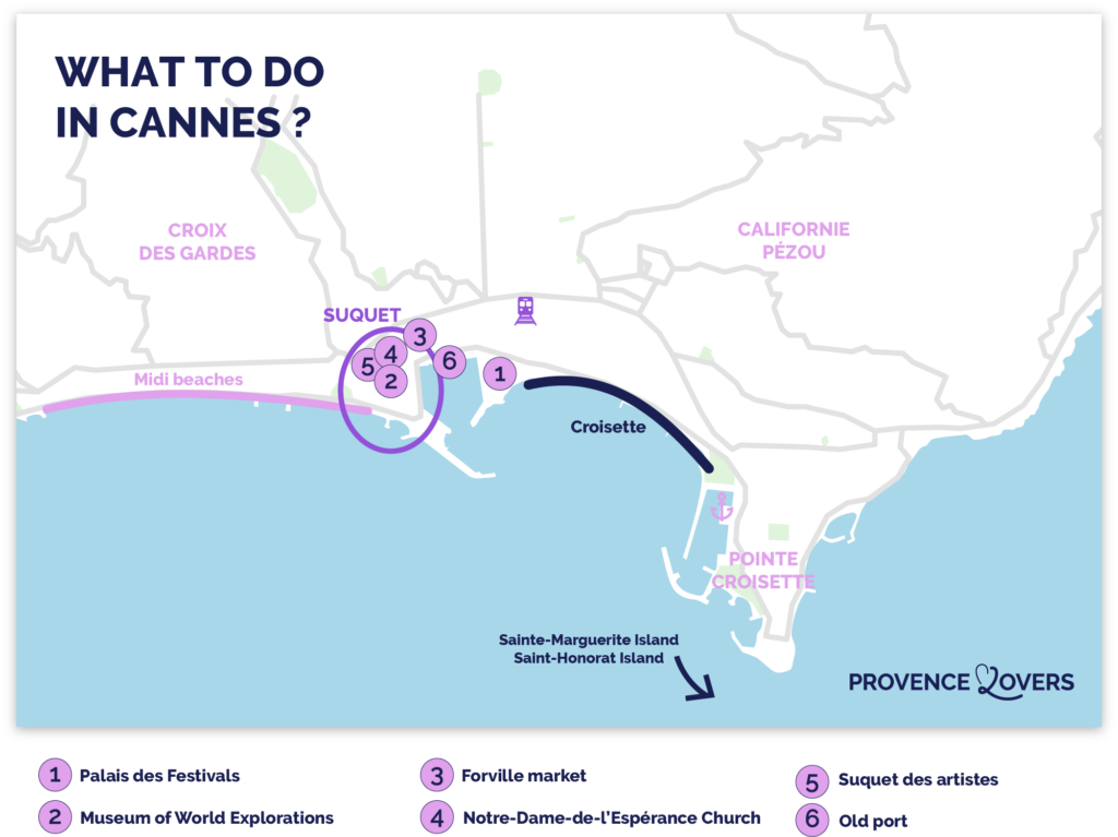 Map of the best tourist attractions in Cannes.