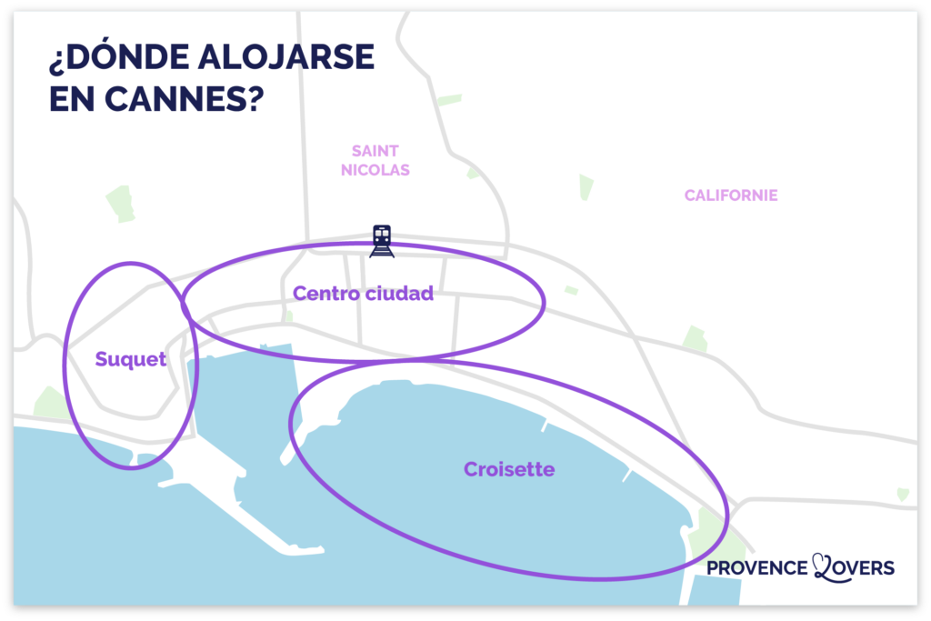 Mapa de las mejores zonas para alojarse en Cannes.