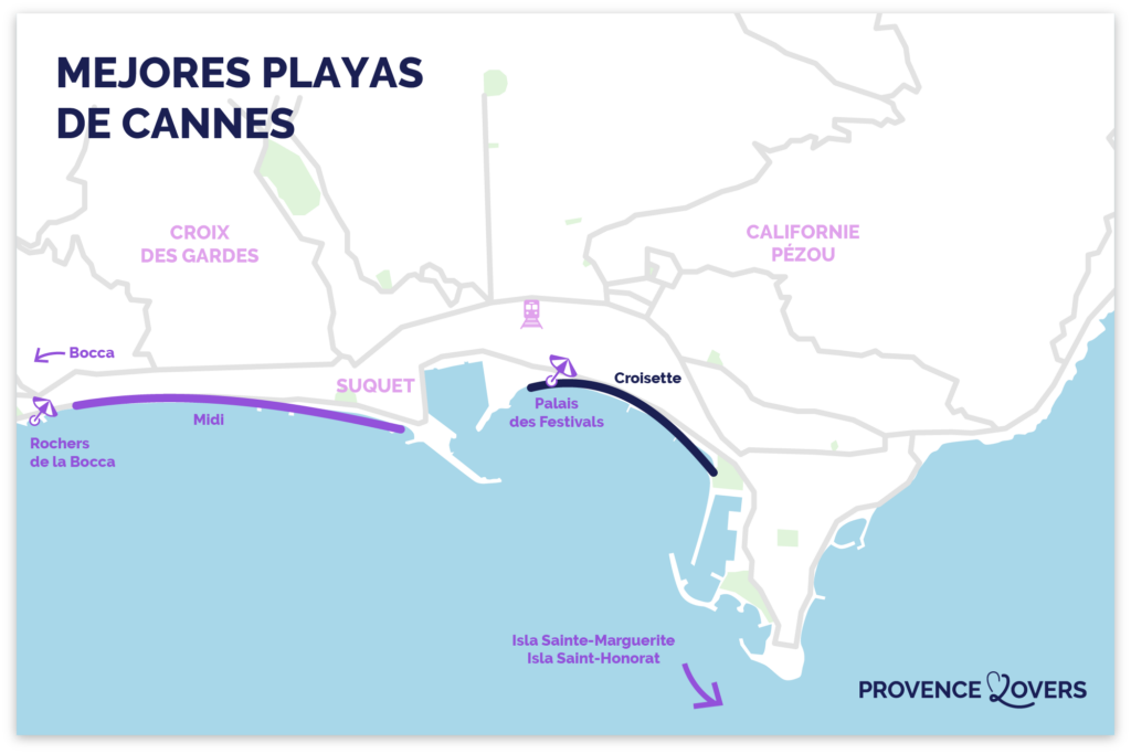 Mapa de las mejores playas de Cannes.